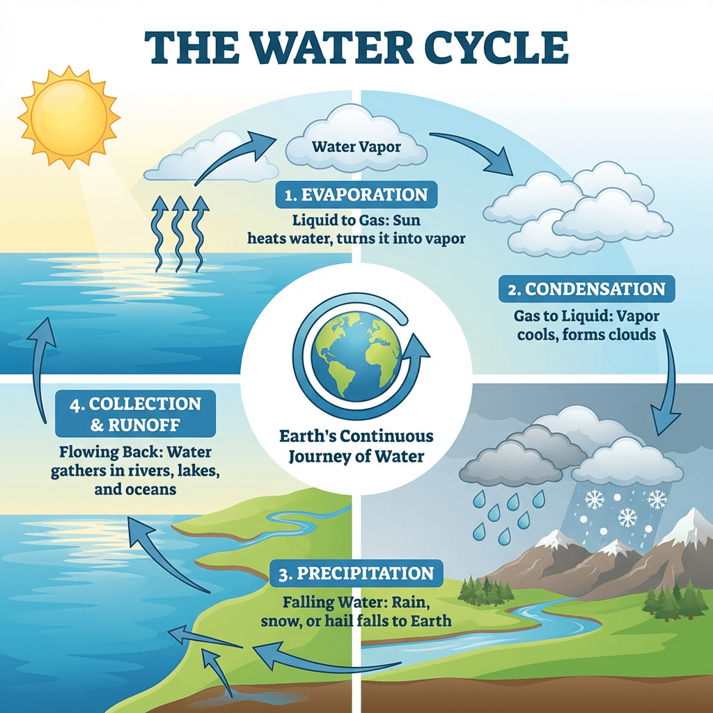 Water cycle infographic with sun, clouds, arrows, and labels.