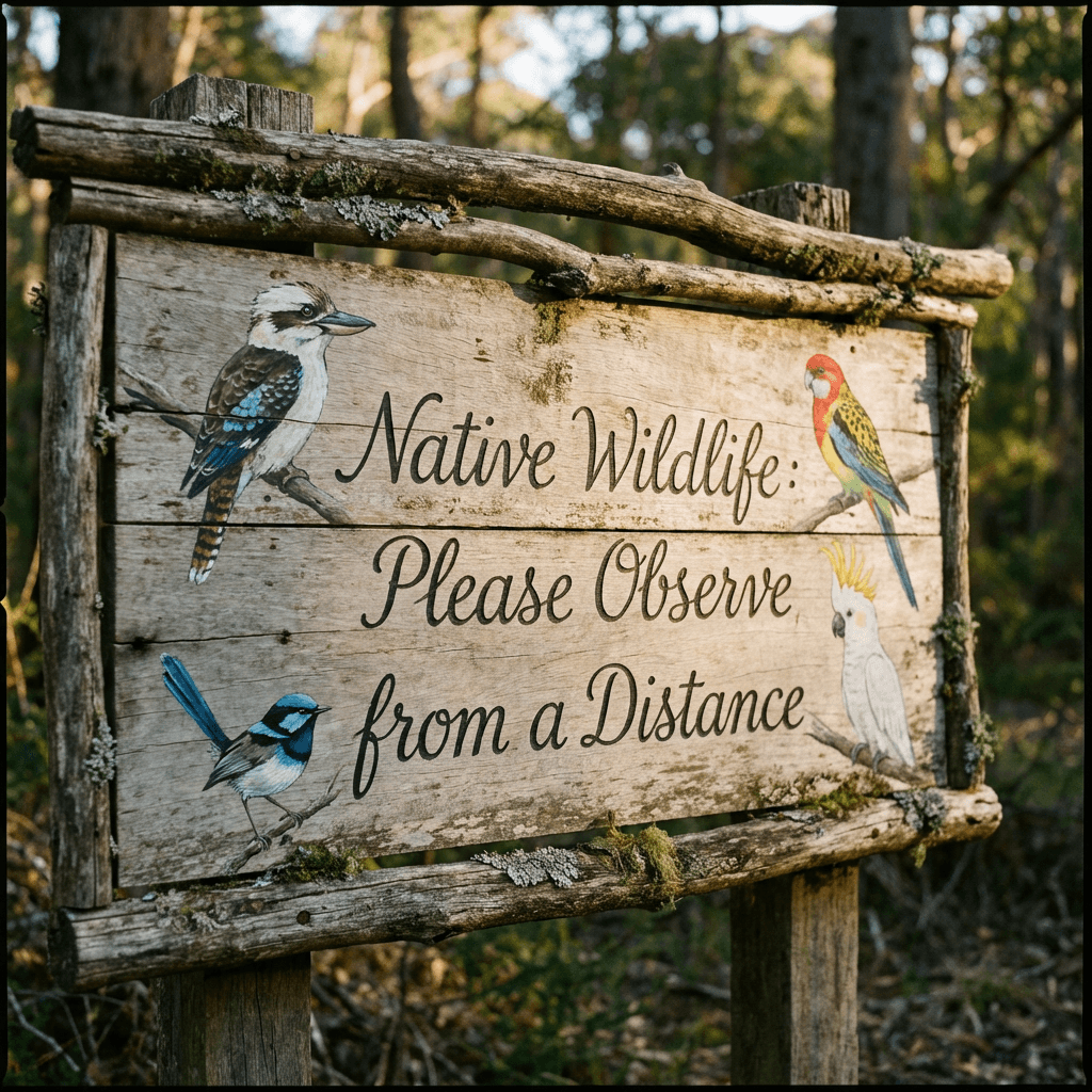 A wooden sign in a wildlife reserve surrounded by trees.
