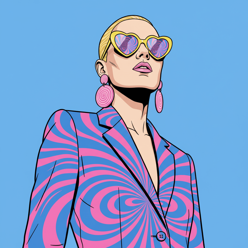 A stylized portrait of a person in a pink suit against a blue background.